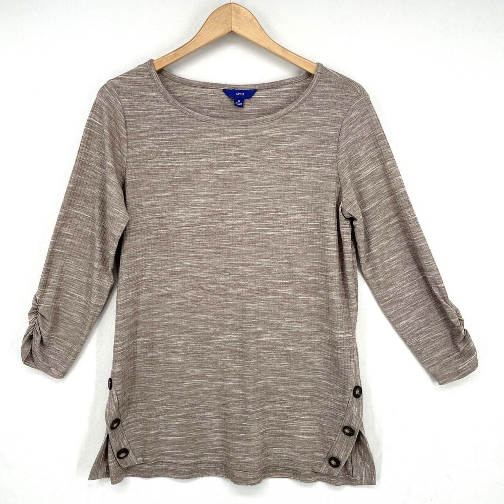 Apt 9 Quarter Sleeve Tan Blouse Shirt Top Size M Jersey Slub Button Details